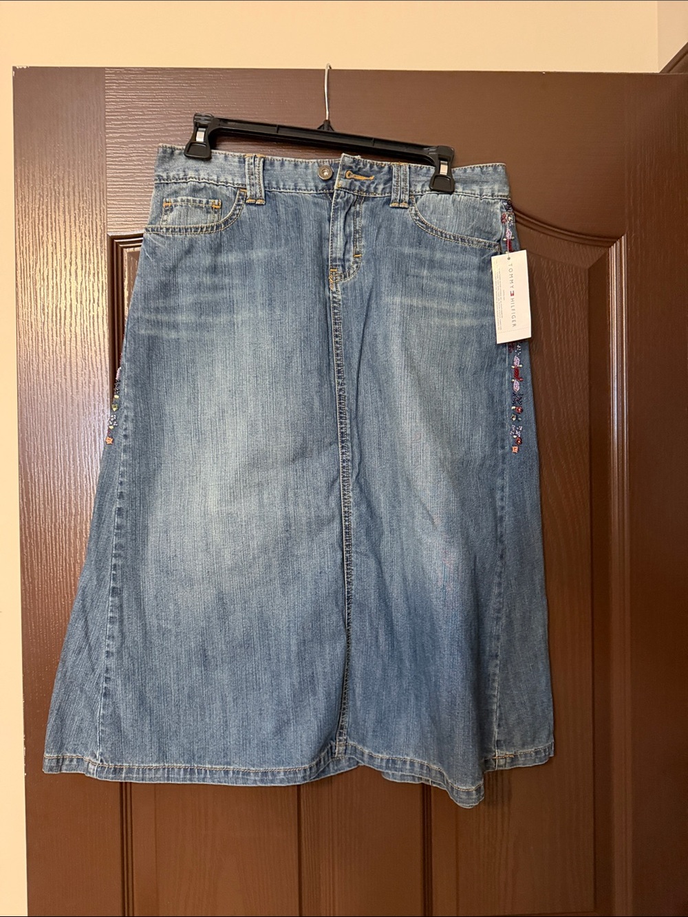 Tommy Hilfiger Light Blue Denim A-Line Skirt with Side Embroidery